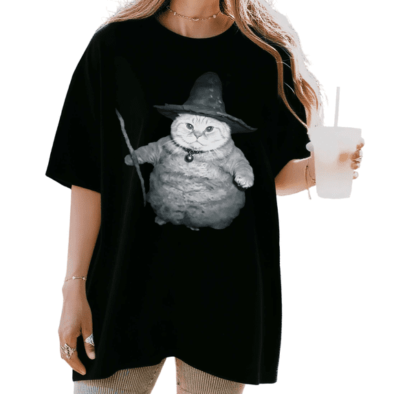 Women's Funny Wizard Cat Fat Cat Meme Graphic Comfortable T Shirt Casual Short Sleeve Round Neck Top Black S-5XL