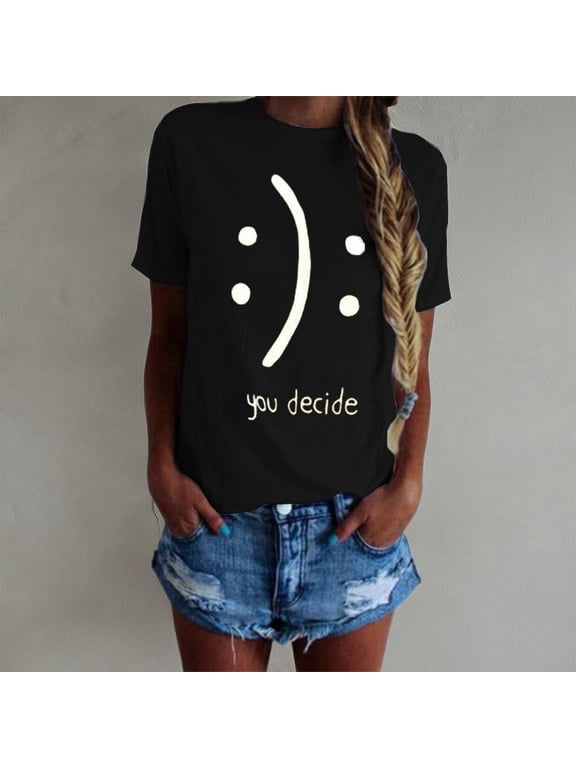 Women's Funny You Decide Dual Face Emoticon Graphic T‑Shirt, Casual Crew Neck Short‑Sleeve Mood Expression Novelty Tee for Daily Wear Women Clothing