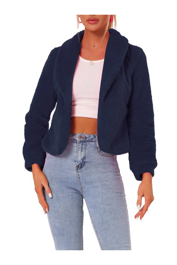 Women's Fur Coat Fasion Winter Open Front Cropped Jacket Lapel Long Sleeve Fluffy Faux Fur Coat XS Navy Blue