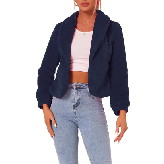 INSPIRE CHIC Women's Fur Coat Fasion Winter Open Front Cropped Jacket Lapel Long Sleeve Fluffy Faux Fur Coat XS Navy Blue