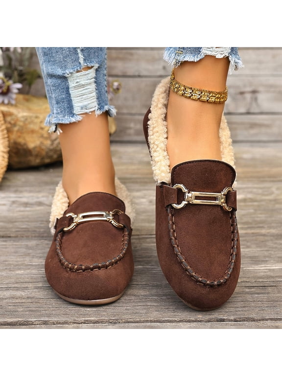 Women's Fur Lined Loafers, Metal Bit Driving Moccasins, Slip On Warm Comfortable Flats, Non Slip Winter