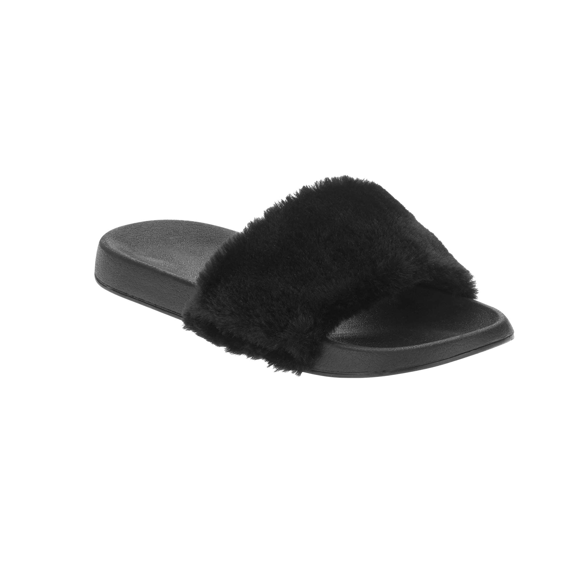 Bergman Kelly Women's Fuzzy Faux Fur Slide Slippers, Starlet Collection - Scuff Style (US Company), Size: 9-10, Black
