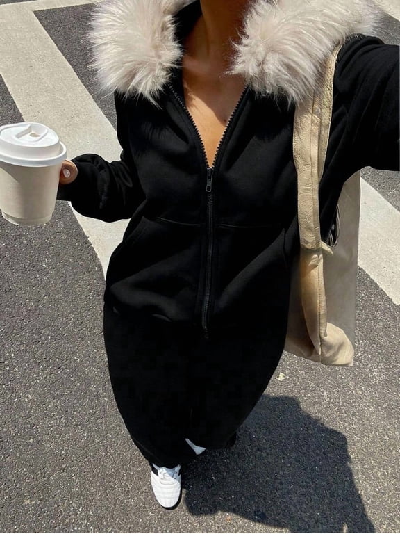 Women's Fur Trim Hooded Zip Jacket & Loose Sweatpants Casual 2 Piece Winter Outfit Set