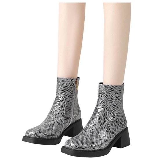 Women's Furry Lined Square Toe Ankle Boots Slip On Snake Pattern Low Block Heel Short Booties with Side Zipper