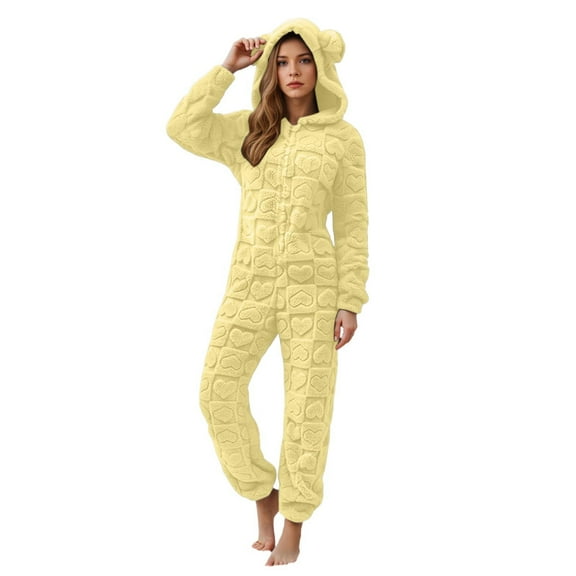 Women's Furry Sherpa Pajamas Lounge Heart Jacquard One Piece Romper Cute Ear Hood Jumpsuit,Color:Yellow,Size:M