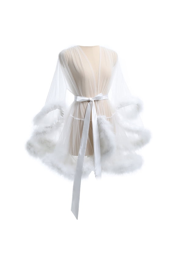 Women's Furry Trim Long Sleeve Dressing Gown Sheer Mesh Chemise Dress See Through Lingerie Belted Kimono Robe Nightgown