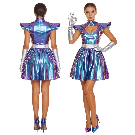 Women's Futuristic Sci-Fi Metallic Laser Dress Space Alien Galaxy Astronaut Costume Outfit Shiny Silver Waistband Mini Dress with Gloves Set for Halloween Party Nightclub