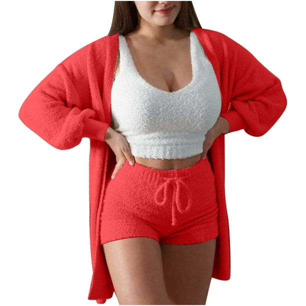 Women s Fuzzy 3 Piece Lounge Set Soft Comfy Pajama Set Cami Crop Top Shorts Open Front Cardigan Loungewear Sleepwear Walmart Business Supplies