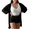 thumbnail image 1 of Women's Fuzzy 3 Piece Lounge Set Soft Comfy Pajama Set Cami Crop Top Shorts Open Front Cardigan Loungewear Sleepwear, 1 of 6