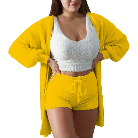 Women's Fuzzy 3 Piece Lounge Set Soft Comfy Pajama Set Cami Crop Top Shorts Open Front Cardigan Loungewear Sleepwear