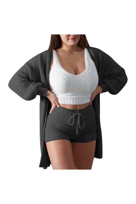 Women's Fuzzy 3 Piece Lounge Set Soft Comfy Pajama Set Cami Crop Top Shorts Open Front Cardigan Loungewear Sleepwear