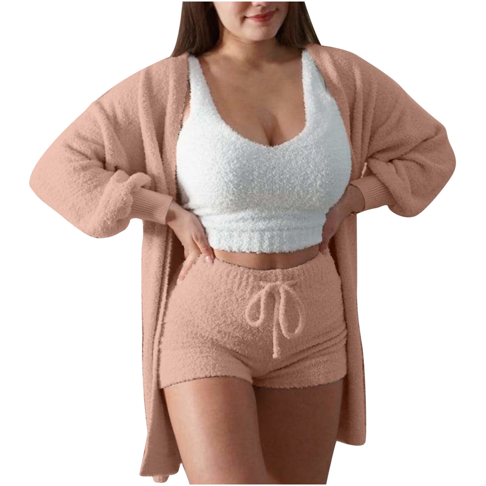 Nightwear Fluffy Lounge Set With Cardigan Teddy 3pc Loungewear Set