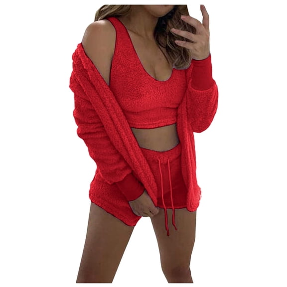 Women's Fuzzy 3 Piece Lounge Set Soft Comfy Pajama Set Cami Crop Top Shorts and Open Front Cardigan Loungewear Ladies Clothes