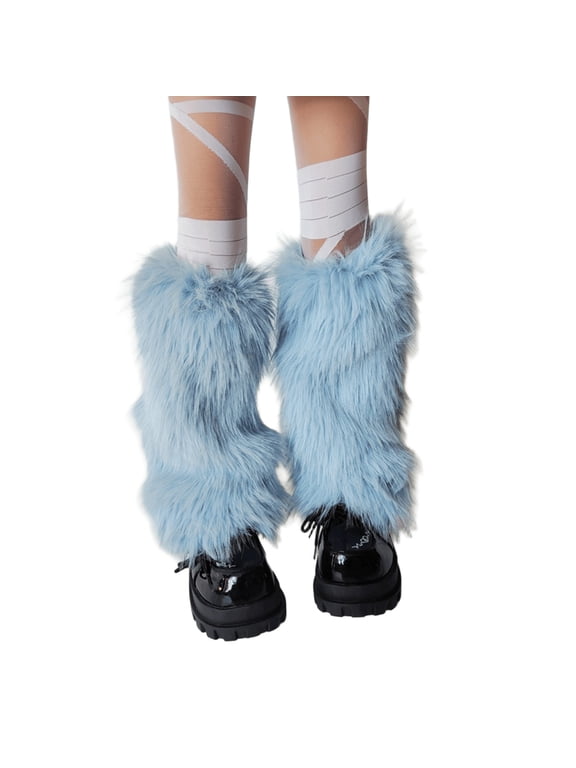 Women's Fuzzy Blue Leg Warmers Soft Plush Winter Accessory for Costume Parties Boot Toppers Cuffs Footless Socks