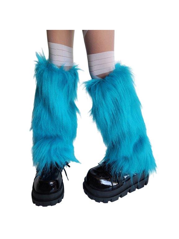 Women's Fuzzy Bright Blue Leg Warmers Soft Plush Winter Accessory for Costume Parties Boot Toppers Footless Socks