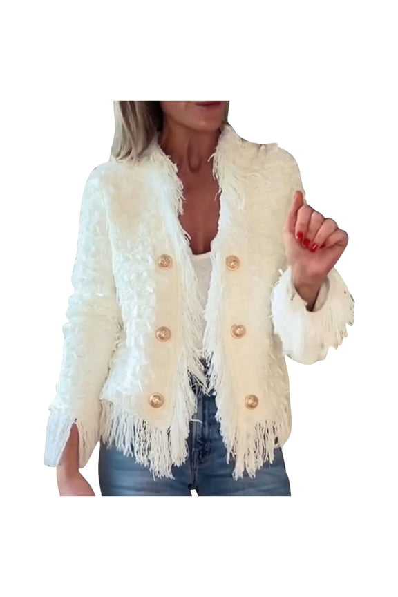 Women's Fuzzy Cardigan Coats 2026 Dressy Fringe Trim Tops Long Sleeve Shaggy Jackets Button Down Outerwear Loose Fit Jacket Stylish Casual Costume Elegant Top for Ladies Gifts