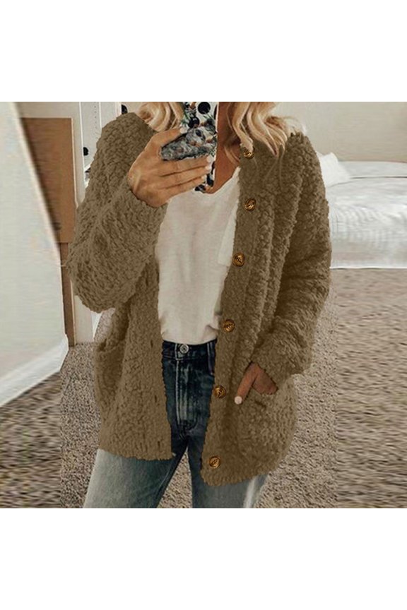 Women's Fuzzy Cardigans Sweaters Casual Solid Color Button Plush Jacket Coat with Pockets