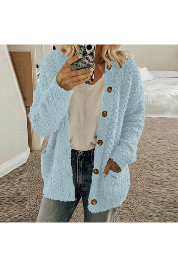 Women's Fuzzy Cardigans Sweaters Casual Solid Color Button Plush Jacket Coat with Pockets