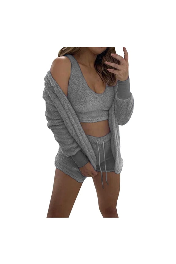 Women's Fuzzy Casual 3 Piece Pajamas Long Sleeve Fleece Cardigan Hooded Tank Cropped Top and Pants Set Fluffy Sleepwear