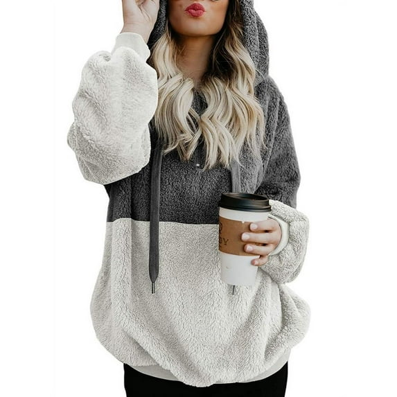 Womens Oversized Warm Fuzzy Hoodies Cozy Loose Zipper Pullover Hooded Sweatshirt Outwear with Pockets