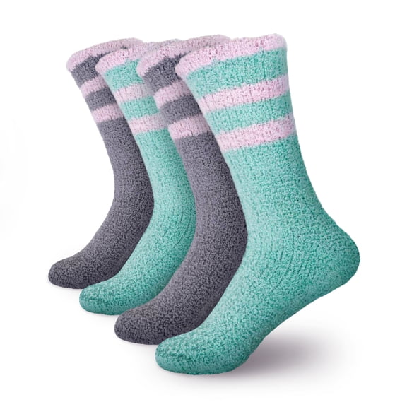 BambooMN Women's Super Soft Chenille Fuzzy Non-Slip Crew Socks - Assortment 4 - 4 Pairs