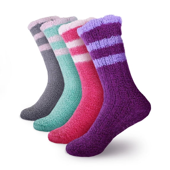 BambooMN Women's Super Soft Chenille Fuzzy Non-Slip Crew Socks - Assortment 10 - 4 Pairs