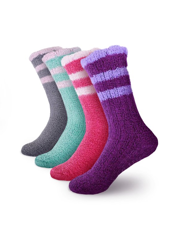 Women's Super Soft Chenille Fuzzy Non-Slip Crew Socks - Assortment 10 - 4 Pairs