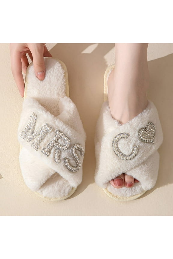 Women's Fuzzy Cross Slippers Bride Wedding Slippers Gift Open Toe House Slipper Bedroom Shoe Indoor Outdoor