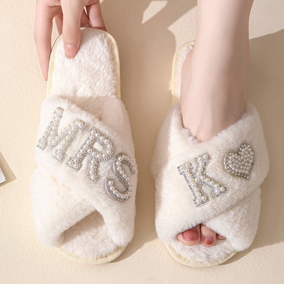 Women's Fuzzy Cross Slippers Bride Wedding Slippers Gift Open Toe House Slipper Bedroom Shoe Indoor Outdoor