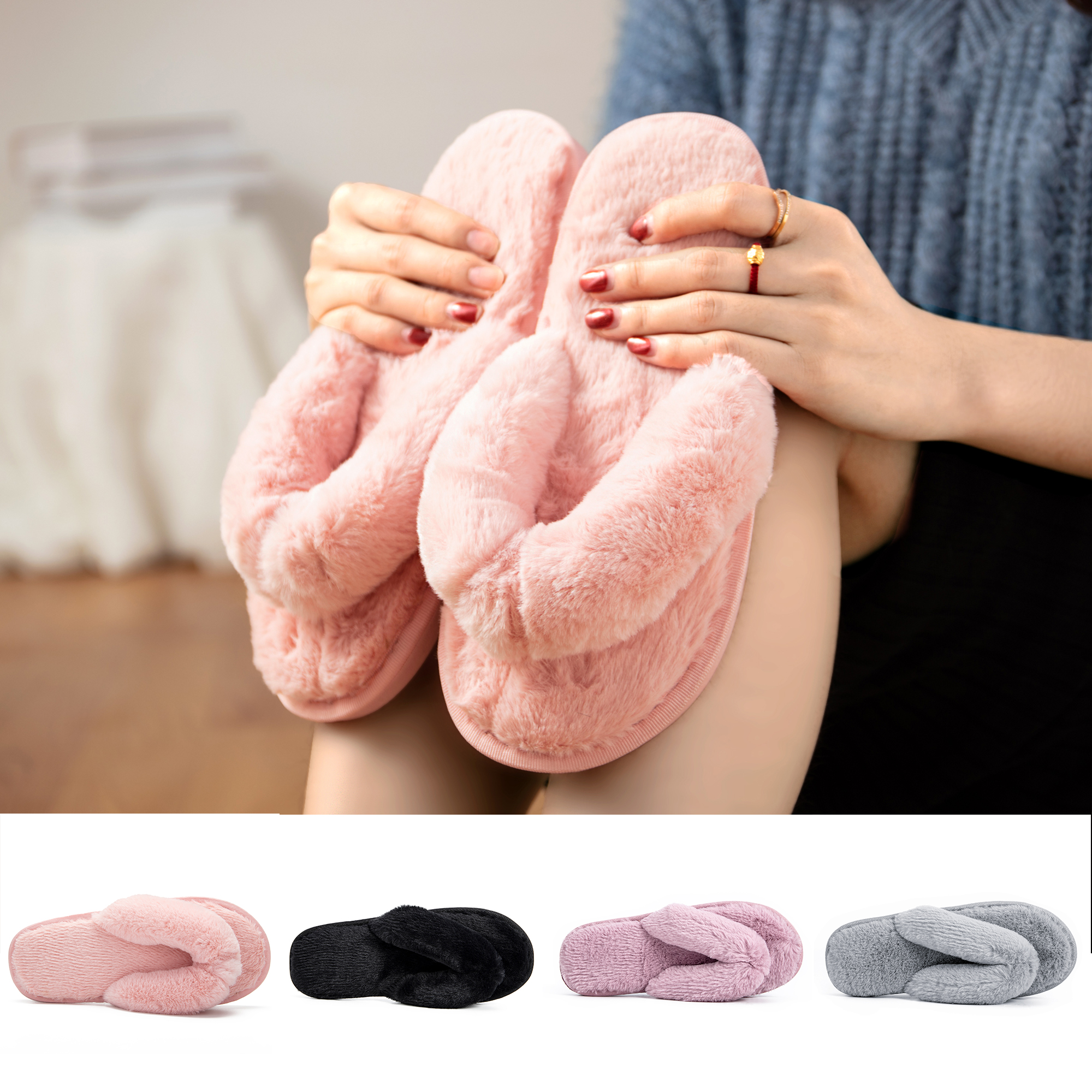 Women's Fuzzy Crossband Fluffy Furry Fur Slippers Flip Flop Winter Warm Cozy House Sandals Slides Soft Flat Comfy - image 1 of 9