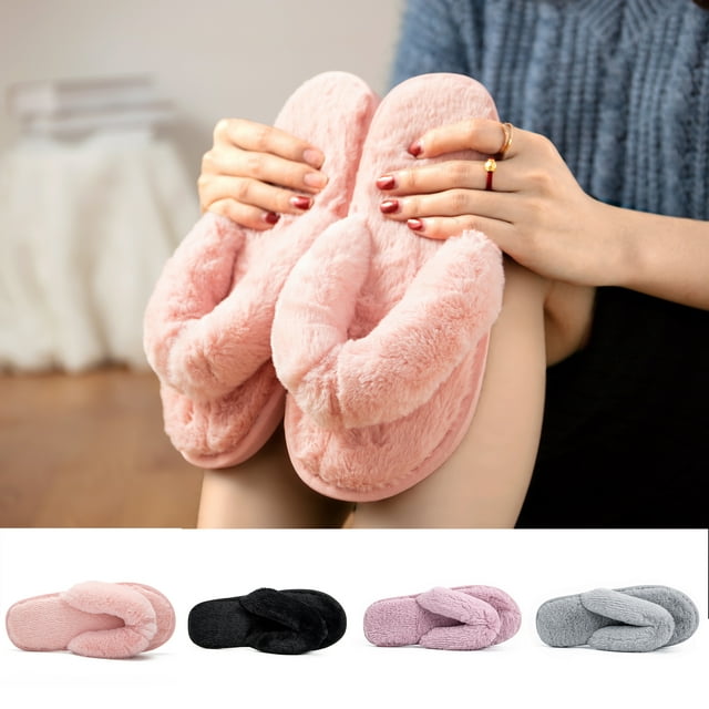 Women's Fuzzy Crossband Fluffy Furry Fur Slippers Flip Flop Winter Warm Cozy House Sandals Slides Soft Flat Comfy