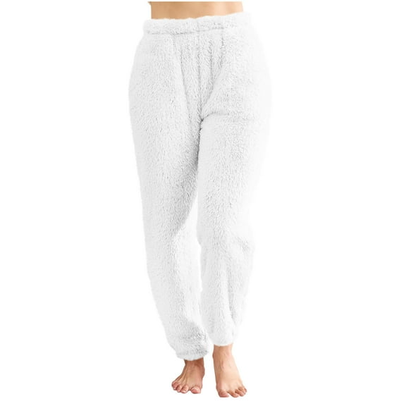 Women’s Fuzzy Cuffed Pants, Winter Fleece Warm Elastic Waist Trousers, Solid Color Comfy Home Pants