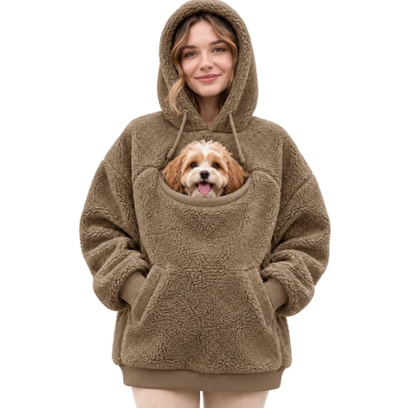 Women's Fuzzy Dog Carrier Hoodie Long Sleeve Pet Pouch with Drawstring Hood Cozy Winter Sweatshirt
