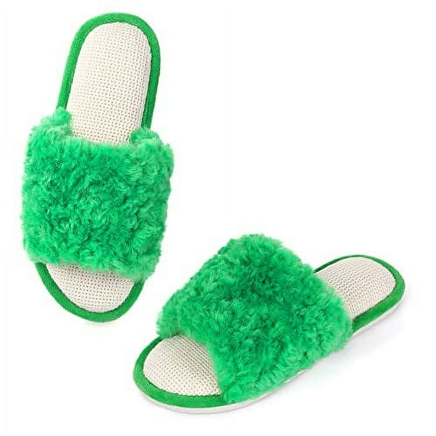 Women s Fuzzy Faux Fur Slippers Flat Spa Slides Open Toe Cozy Memory Foam Slip On House Slippers Green 7 Walmart Business Supplies