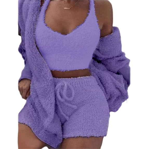 Women's Fuzzy Flannel Pajamas Sets, Cami Top & Shorts & Cardigan Sexy Warm Winter Plus Size 3 Piece Pjs Sleepwear