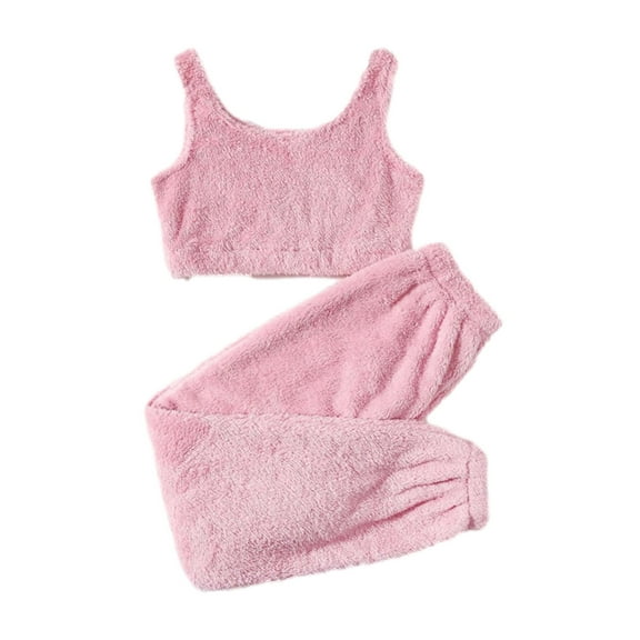 Women's Fuzzy Fleece 2 Piece Outfits Warm Plush Soft Sleeveless Crop Top and Pants Set Cozy Pajamas Loungewear Ladies Clothes