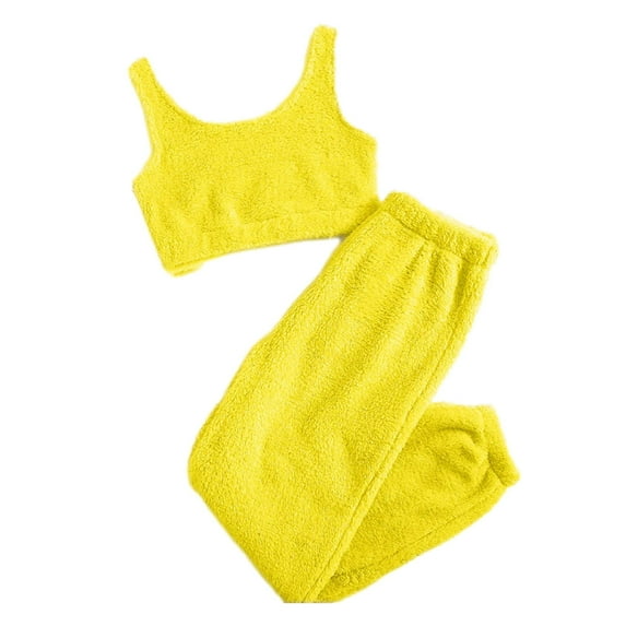 Women's Fuzzy Fleece 2 Piece Outfits Warm Plush Soft Sleeveless Crop Top and Pants Set Cozy Pajamas Loungewear Ladies Clothes