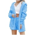 thumbnail image 1 of Women's Fuzzy Fleece 3 Piece Sets Pajamas Outfits Warm Soft Hooded Cardigan Jacket Coat and Crop Top Shorts Set Ladies Clothes, 1 of 5