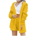 thumbnail image 1 of Women's Fuzzy Fleece 3 Piece Sets Pajamas Outfits Warm Soft Hooded Cardigan Jacket Coat and Crop Top Shorts Set Ladies Clothes, 1 of 5