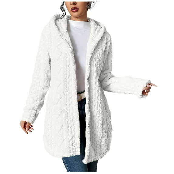 Women's Fuzzy Fleece Cardigan Button Down Cable Knit Hood Sweaters Solid Color Long Sleeve Loose Sweatshirts Tops (XL, White)