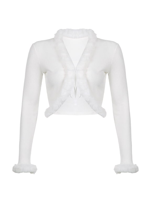 Women's Fuzzy Fleece Collar Cardigan Sweaters Long Sleeve V Neck Lace Up Fitted Knit Cropped Coat Tops (S, White)
