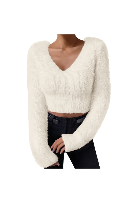 Women's Fuzzy Fleece Crop Sweaters Long Sleeve V Neck Casual Plain Slim Fit Warm Knitwear Sweater Tops (L, Beige)