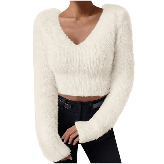 Women's Fuzzy Fleece Crop Sweaters Long Sleeve V Neck Casual Plain Slim Fit Warm Knitwear Sweater Tops (M, Beige)