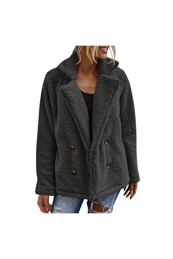 Women's Fuzzy Shearling Coat, Winter Warm Oversized Jacket with Lapel Collar, Casual Zipper Outwear for Daily Use Black, M