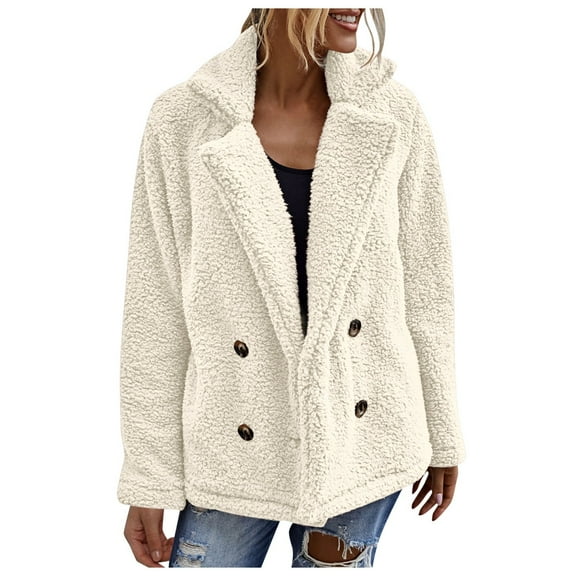 Women's Fuzzy Shearling Coat, Winter Warm Oversized Jacket with Lapel Collar, Casual Zipper Outwear for Daily Use White, XXXL