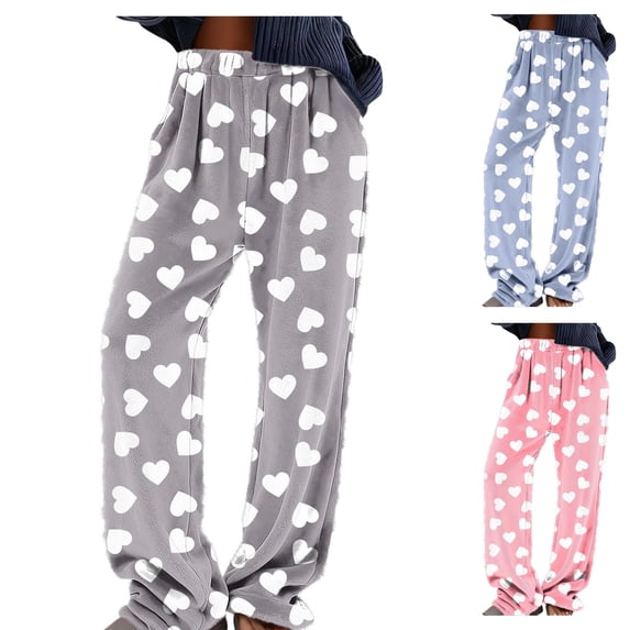 Women's Fuzzy Fleece Heart Print Pajama Pants Wide Leg High Rise Elastic Waistband Sleepwear PJ Bottoms with Pockets for Winter, Gray, XXXL