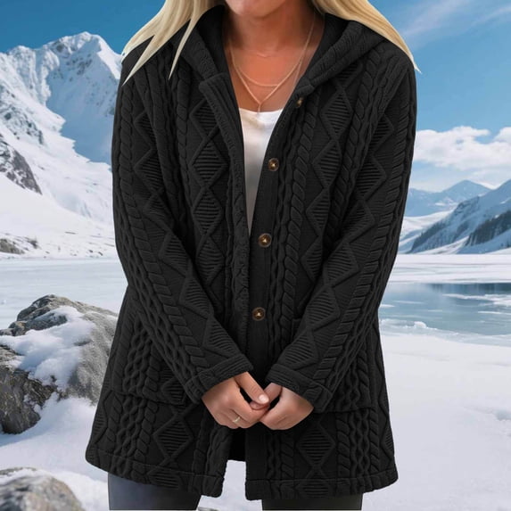 Women's Fuzzy Fleece Hooded Coat , Button Front Long Sleeve Loose Mid Length Loungewear Cardigan Winter Warm Jacket with Pockets Black M