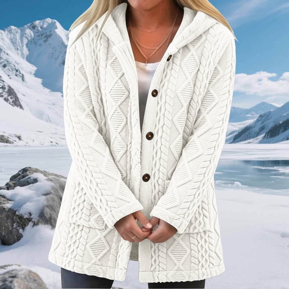 Women's Fuzzy Fleece Hooded Coat , Button Front Long Sleeve Loose Mid Length Loungewear Cardigan Winter Warm Jacket with Pockets White M