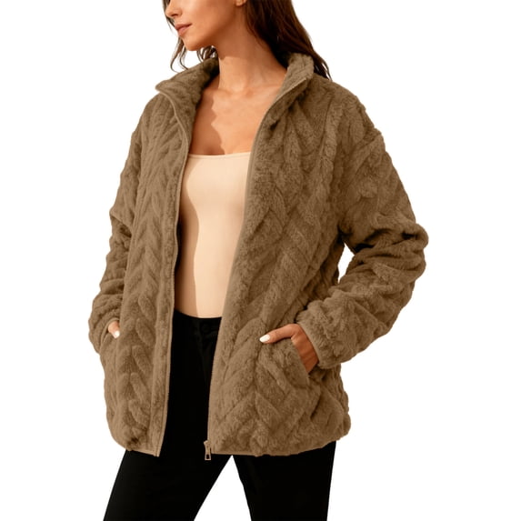 Women's Fuzzy Fleece Jacket Full Zip Coats,Long Sleeve Stand Collar with Pockets Casual Outerwear Winter Home Outdoor Wear,Beige,XL