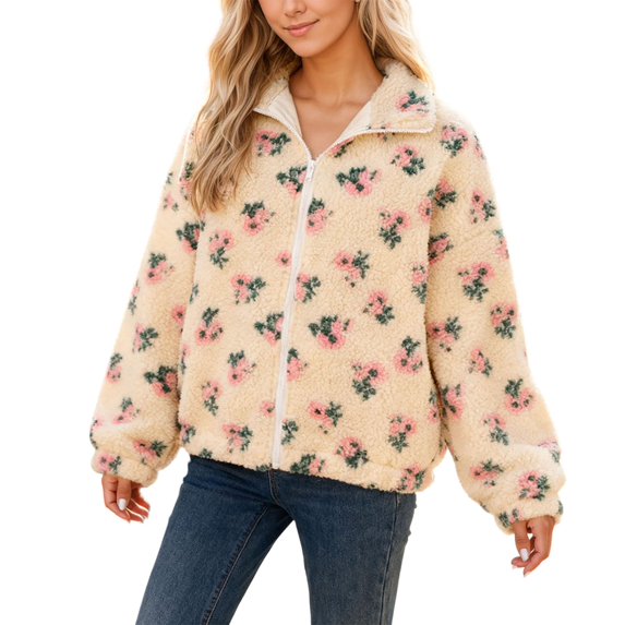 Women's Fuzzy Fleece Jacket Full Zip Up Lightweight Warm Soft Fleece Coat for Spring Fall Winter